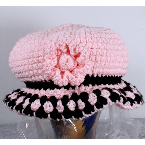 Handmade Accessories - Handmade Crochet Flower Bucket Hat OS Pink Black Coquette Y2K Scalloped Brim